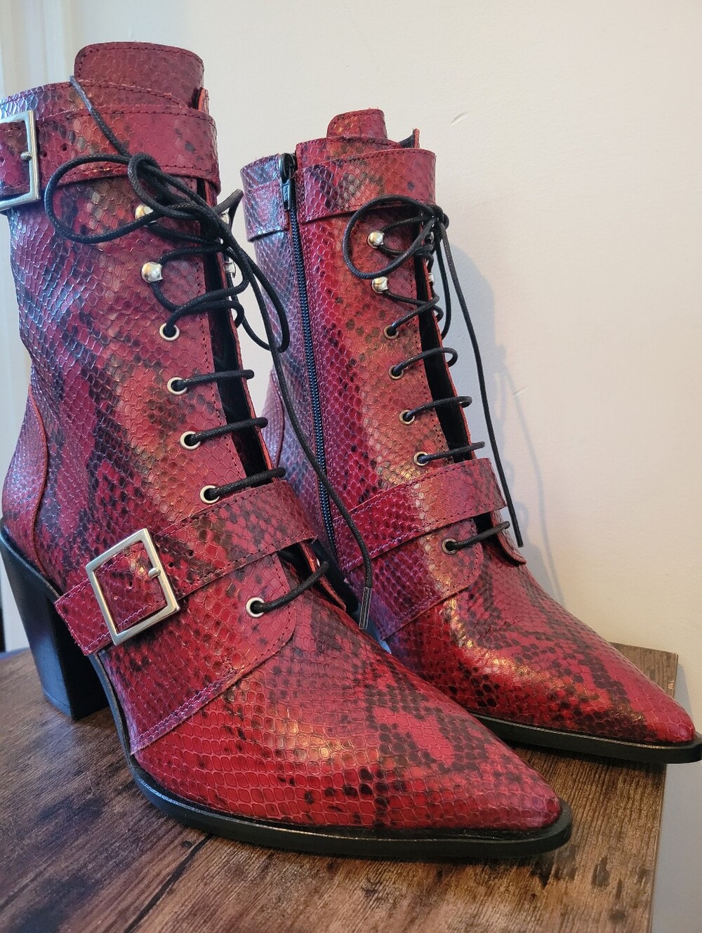 L'Intervalle Red Pitone Snake Print Lace Up Moto Ankle Boots - Size 40